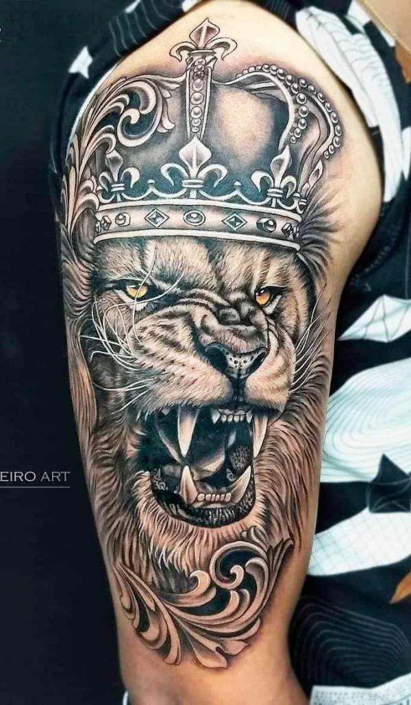 Crowned Lion king tattoo half sleeve