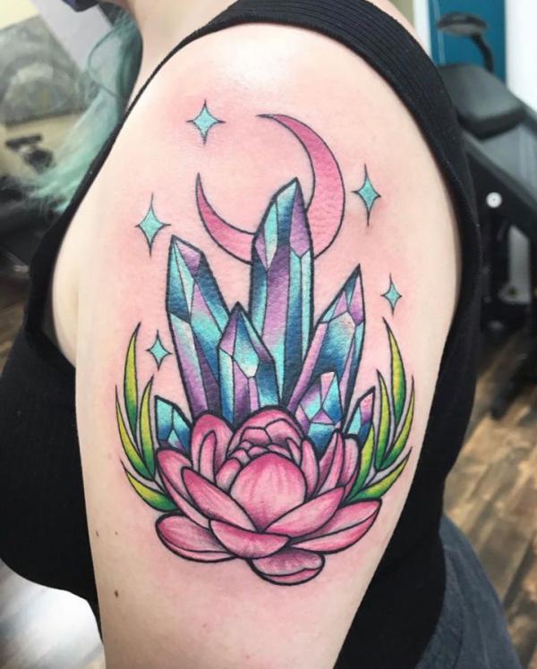 Crystal and lotus with crescent moon and stars tattoo