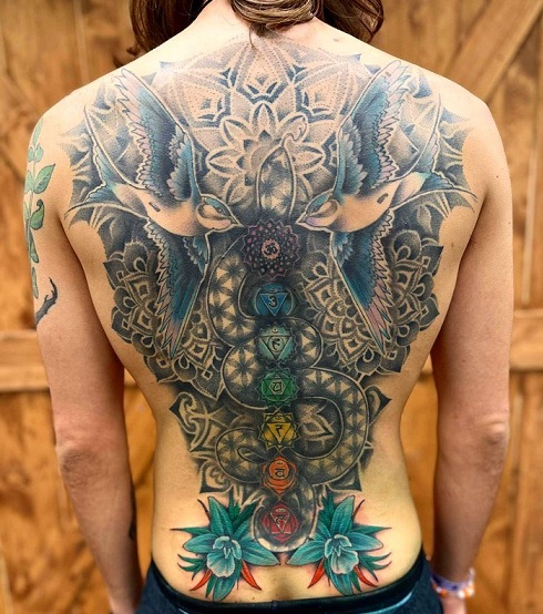 Detailed Chakra Tattoo With Snake And Birds On The Back