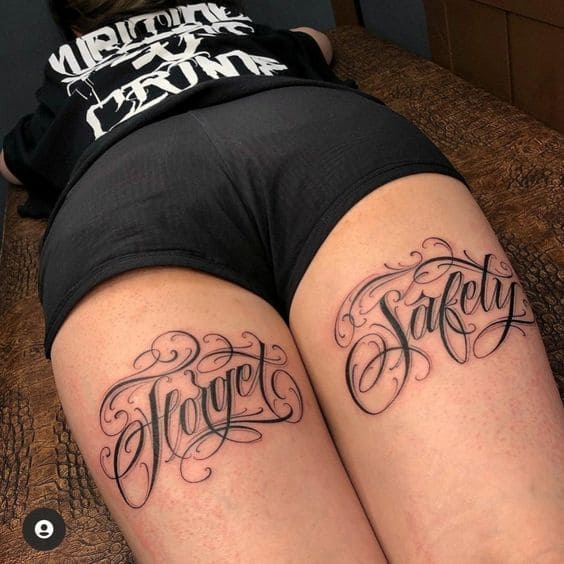 Lettering Woman Leg Tattoos 6