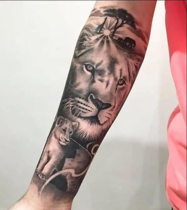 Lion king and cub tattoo black and grey