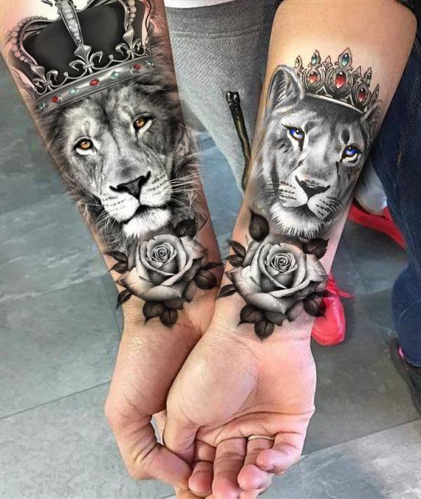 Lion king and queen with roses tattoo greyscale