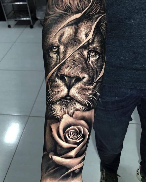 Lion king and rose tattoo forearm