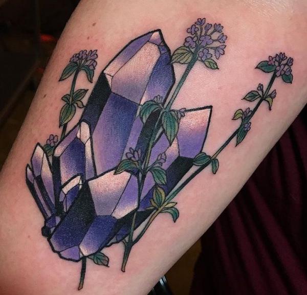 Purple Crystal and plant tattoo