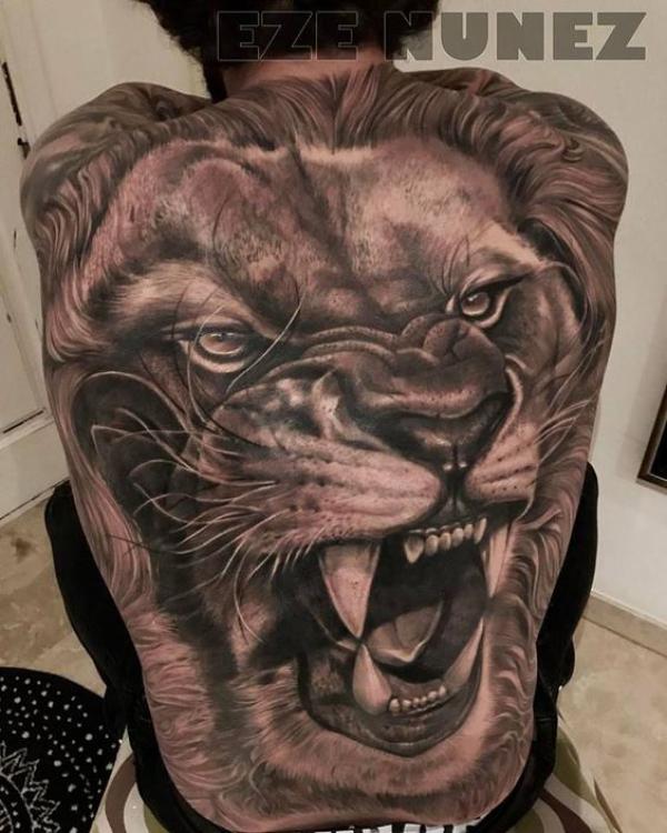 Realistic Lion king head full back tattoo