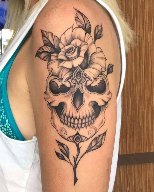 big skull and rose tattoo idea