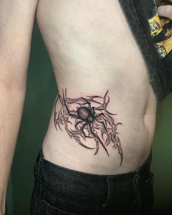 Spider cyber sigilism side belly tattoo