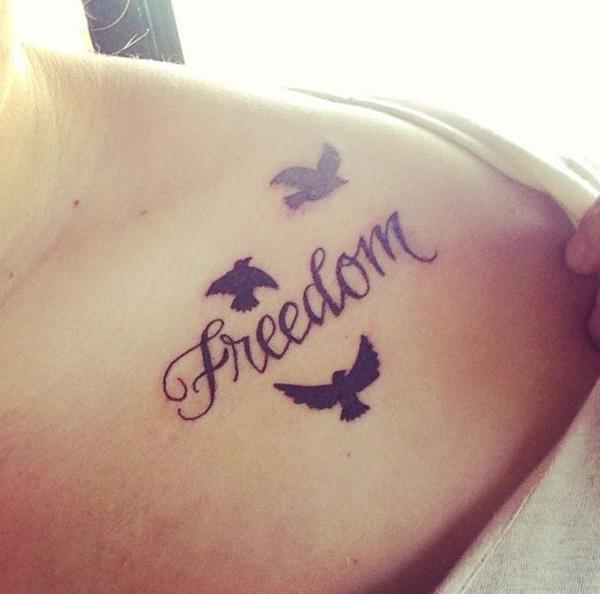 Birds with the word - Freedom clavicle tattoo