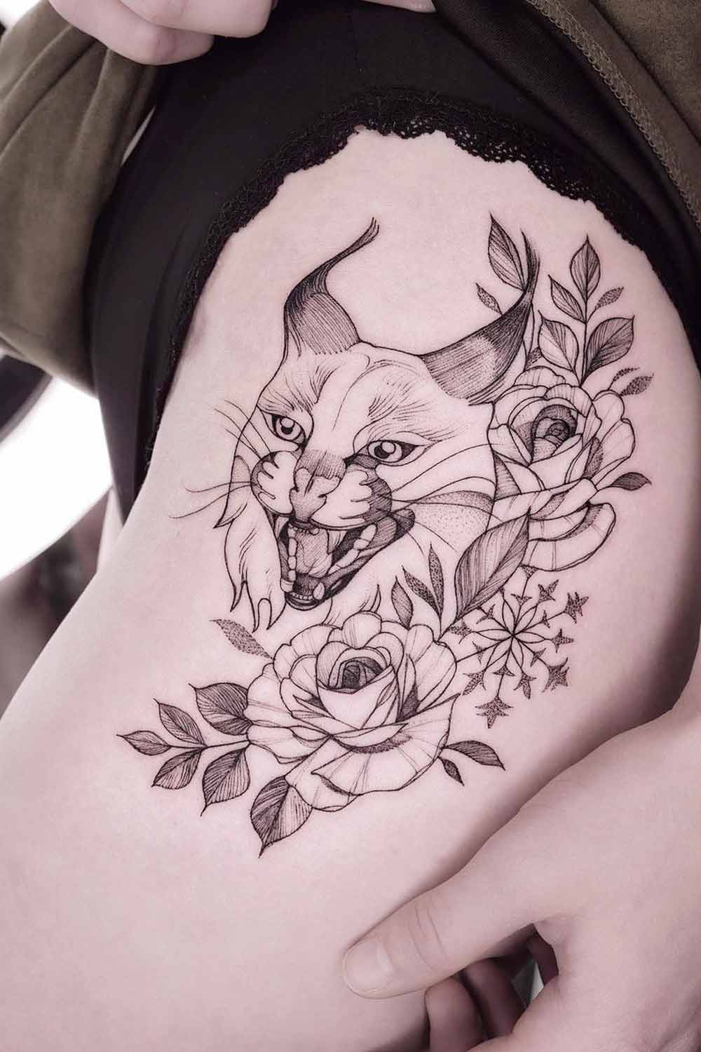 Lynx With Flowers Tattoo Design