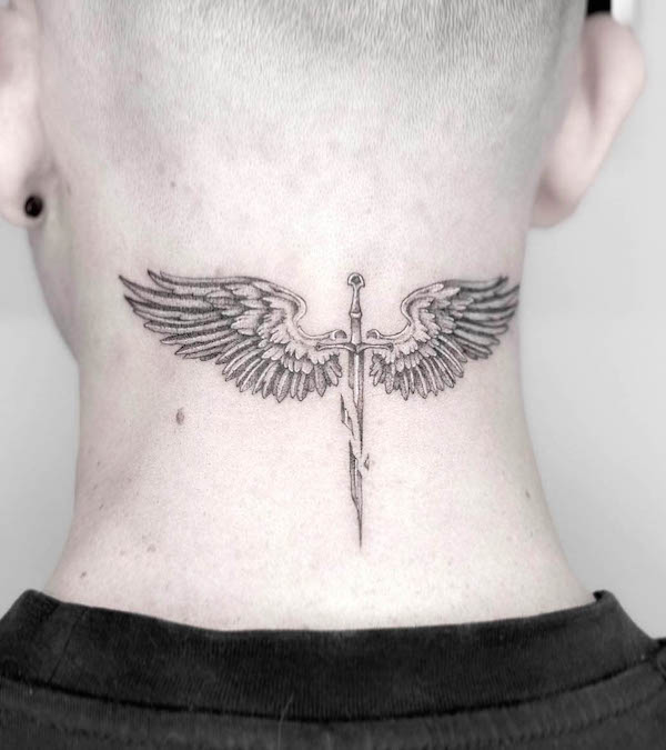 Angel dagger neck tattoo by @zap.ink_