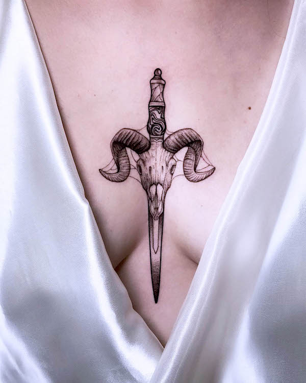 Goat skull and dagger tattoo by @silviainkocciati