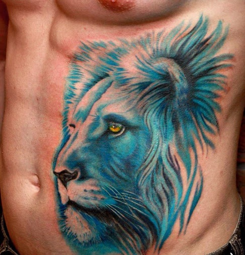 Blue Colour Lion Tattoo on Rib Cage for Men