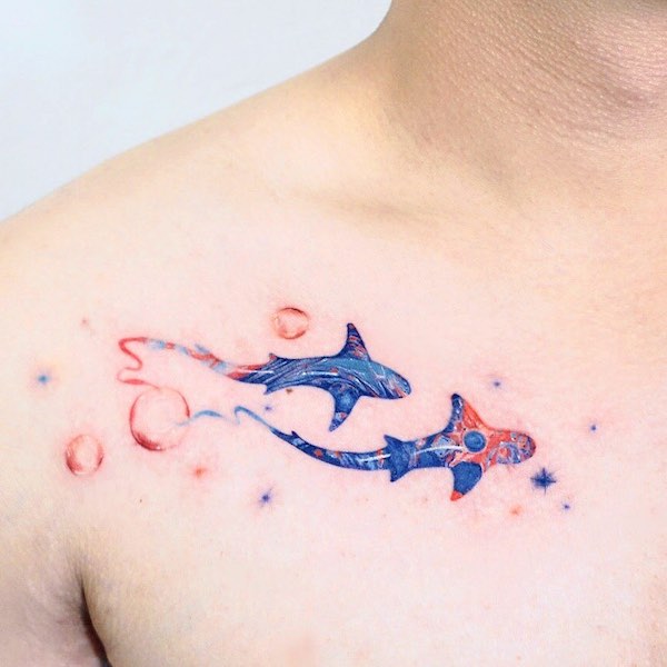 Cute sharks on the side chest by @tattoo_of_jangmah