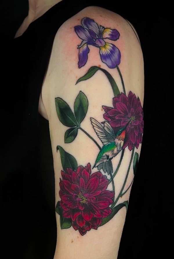 Dahlia and iris tattoo with hummingbird tattoo