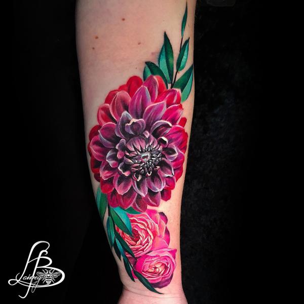 Dahlia and rose tattoo realistic