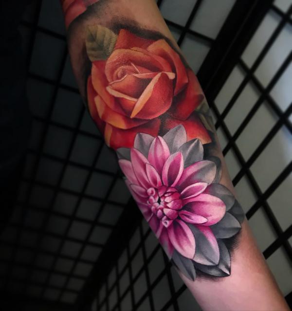 Dahlia and rose tattoo