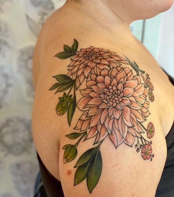 Dahlia flower shoulder tattoo black and grey