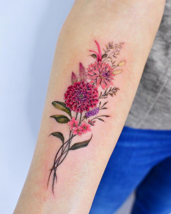 Dahlia lavender jasmine and hydrangea tattoo