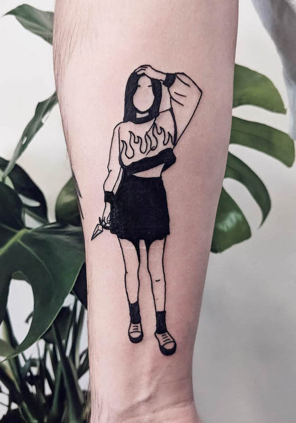 Fiery girl with dagger tattoo by @tomascutts