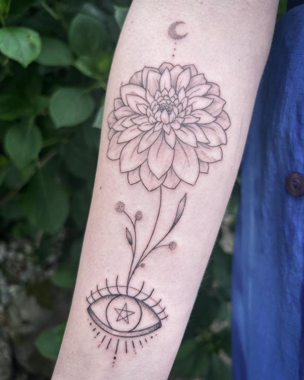 Fine line dahlia with moon and eye tattoo black and grey