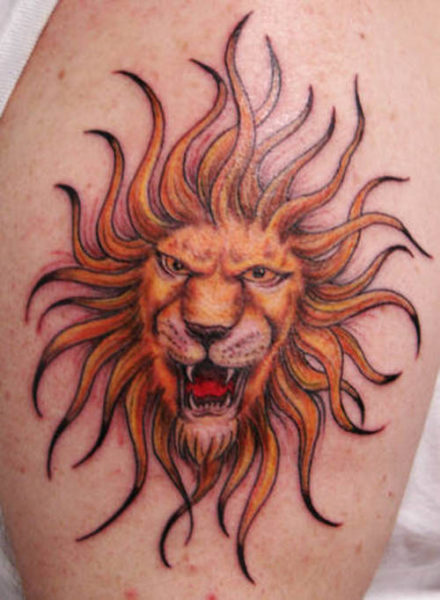 Sun Lion Face Tattoo Design on Thigh