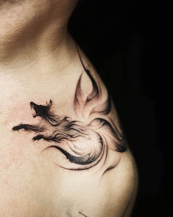 Smokey fox shoulder tattoo by @tattooist.pado_