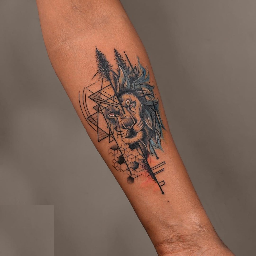 Surreal Geometric Lion Forearm Ink