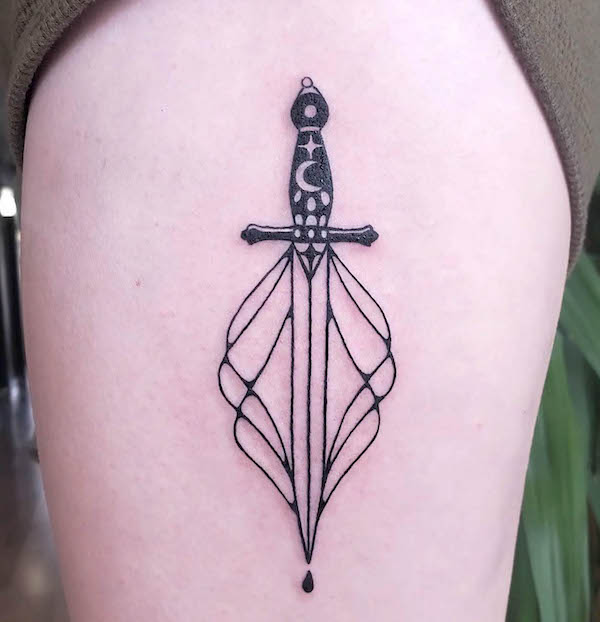 Unique bleeding dagger tattoo by @aqua.suntattoos