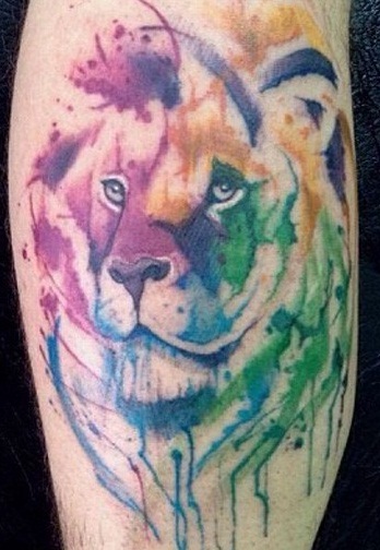 Watercolour Lion Tattoo on Leg