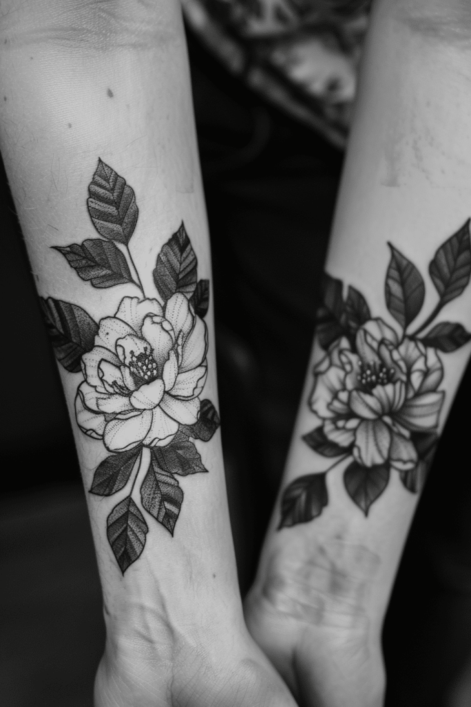 friendship symbol tattoo with matching flowers