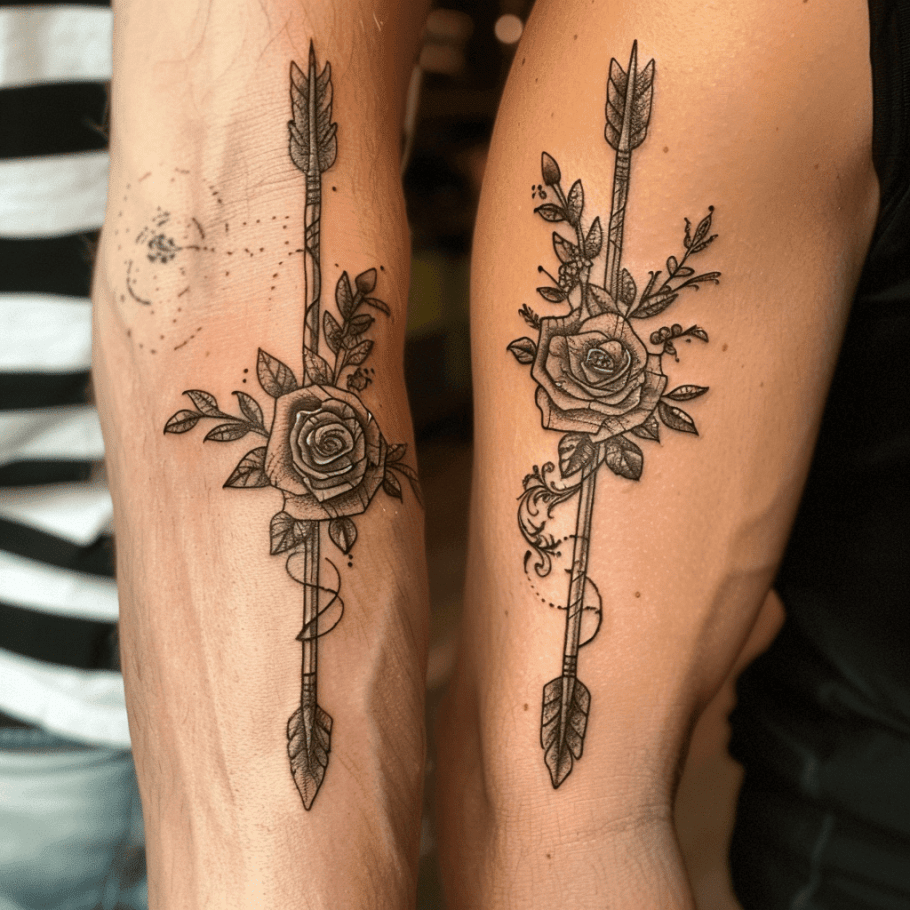 feather and rose matching best friend tattoos