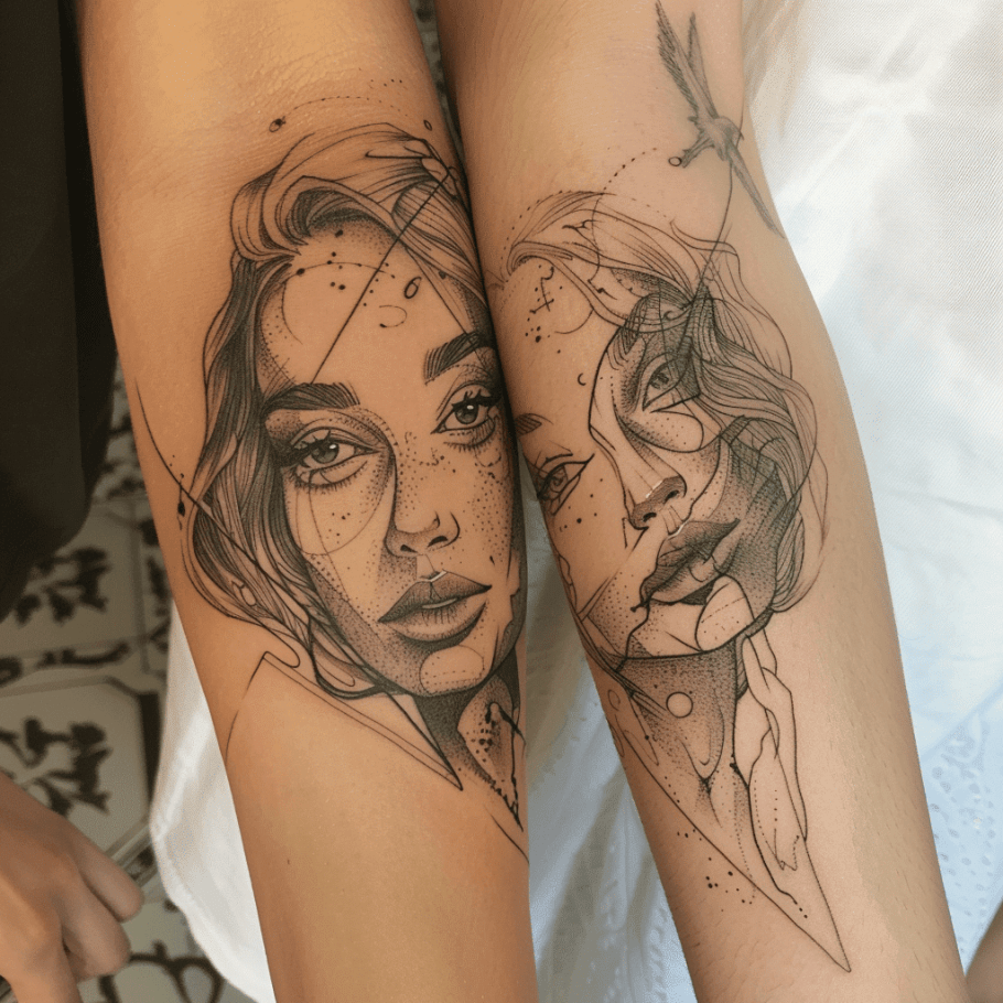 artistic line art bff tattoo