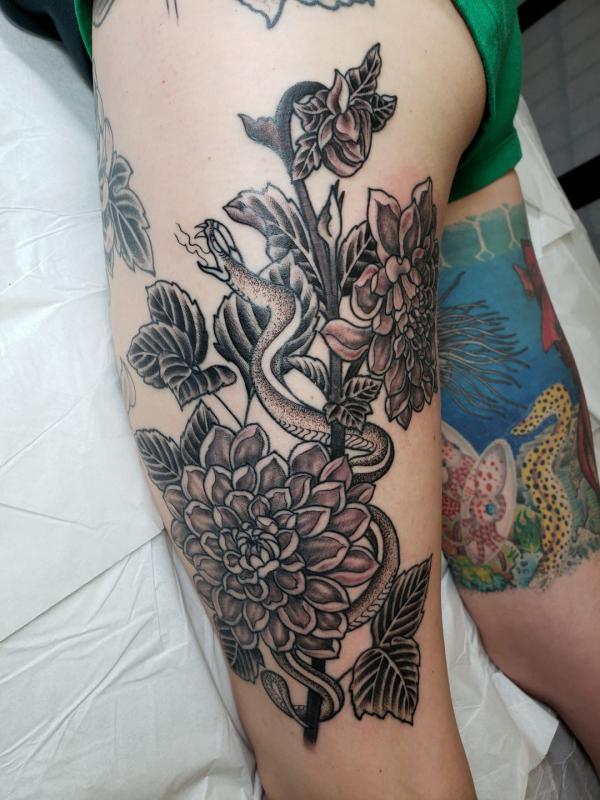 Dahlia and snake tattoo traditional