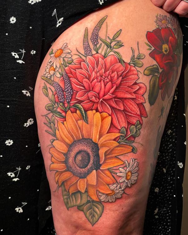 Dahlia and sunflower tattoo with daisy lavender and orchid