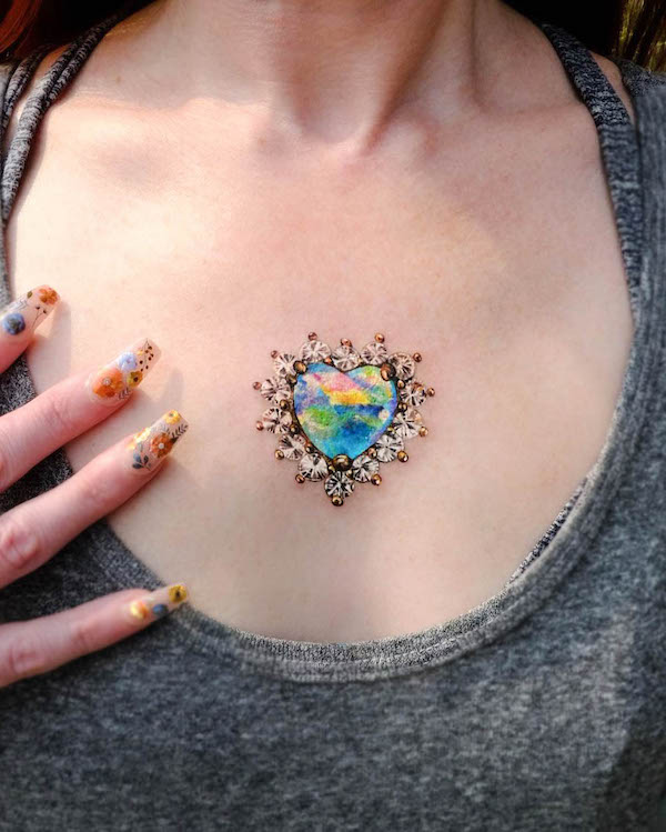 Gemstone heart tattoo by @tattooist_coldy