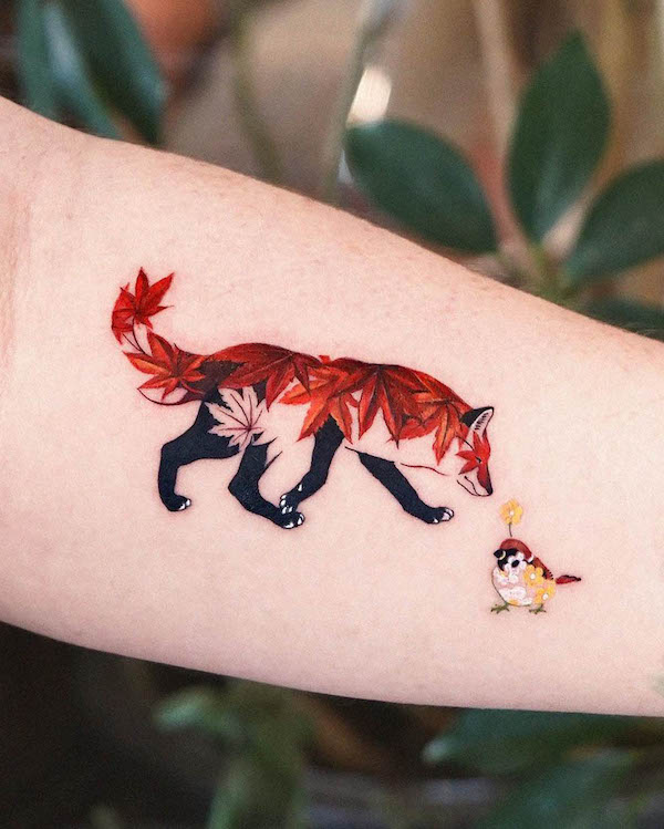 Leafy fox and sparrow tattoo by @tattooist_fluffy