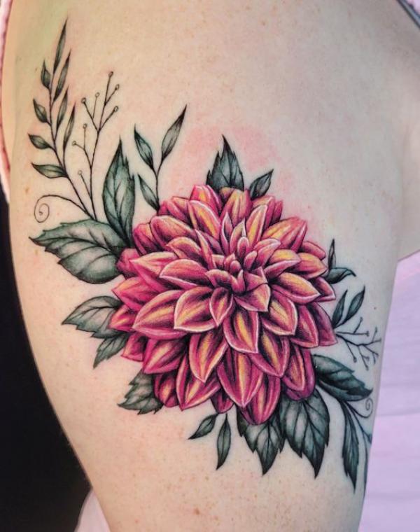 Single Dahlia tattoo on shoulder