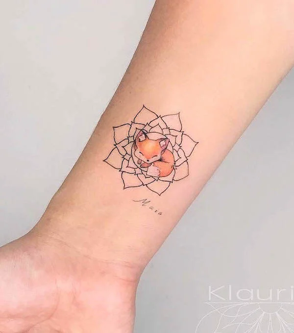 Small fox mandala wrist tattoo by @klaurin