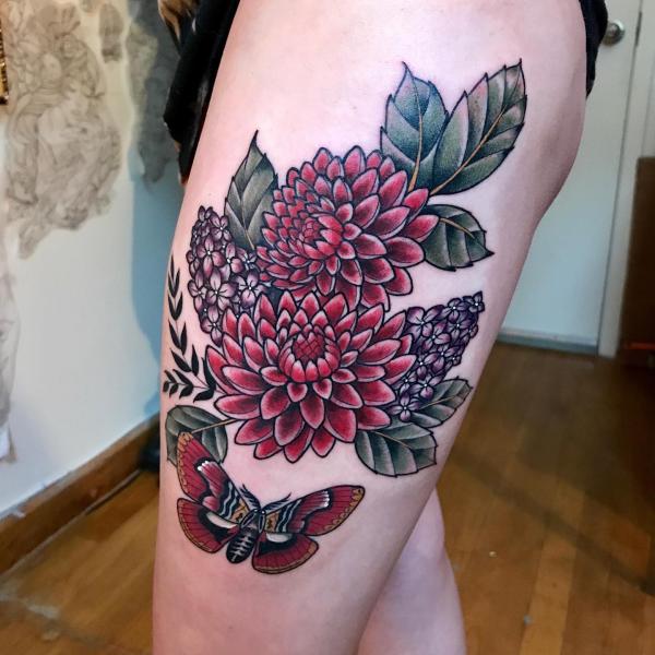 Traditional dahlia with lilac and moth tattoo