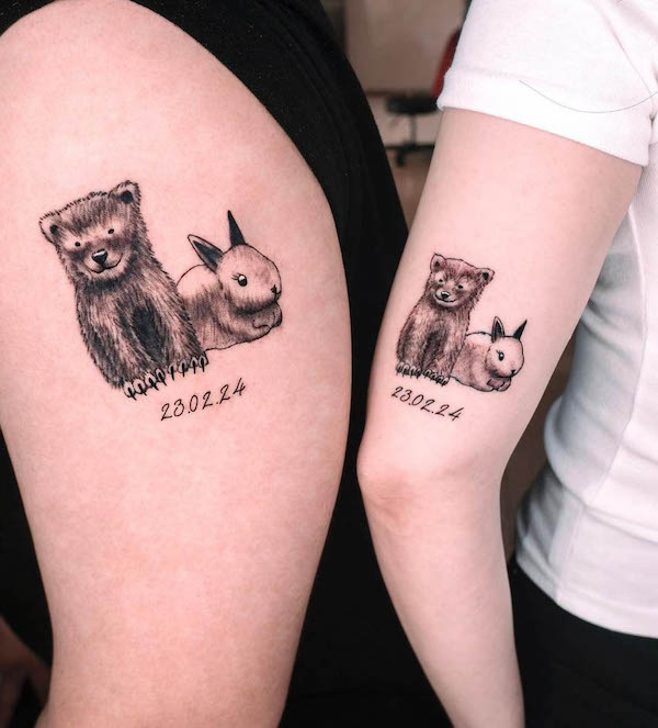 Matching bear and bunny tattoos by @saebom_tattoo