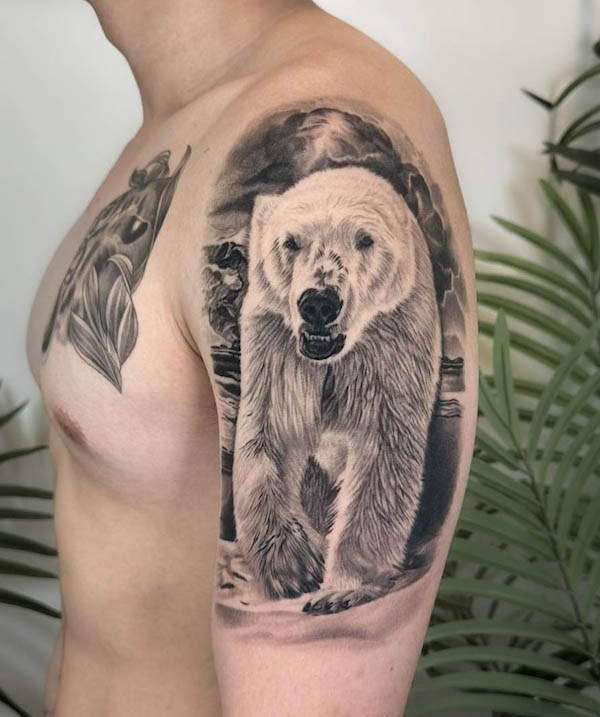 Polar bear sleeve tattoo by @potato.parlour