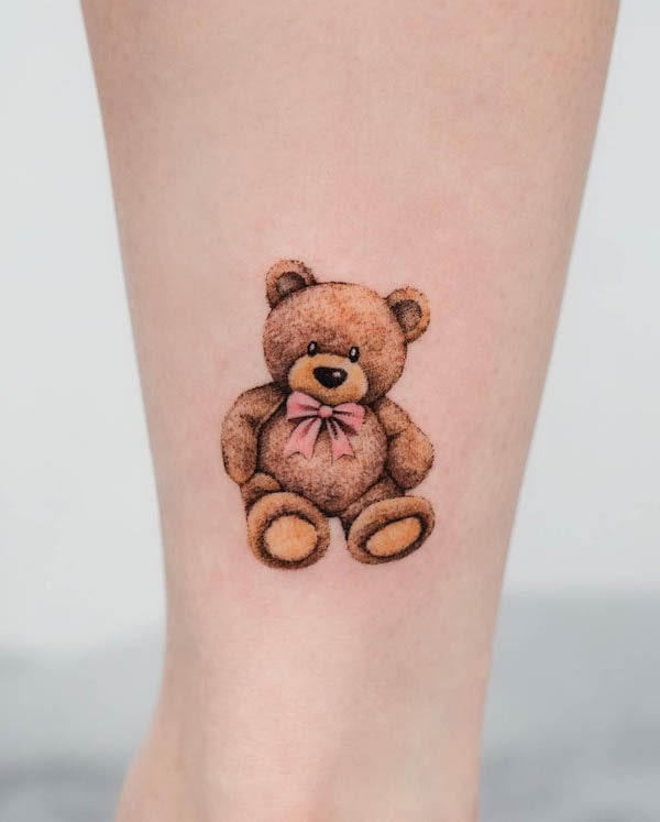 Cute teddy bear ankle tattoo by @inkrediblestudio