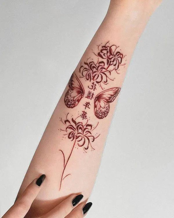 Butterfly and flowers forearm tattoo by @offtattooer