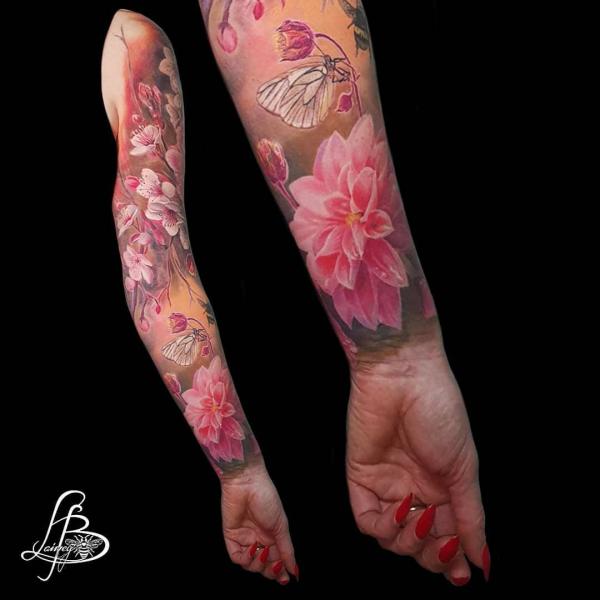 Pink dahlia and white butterfly tattoo