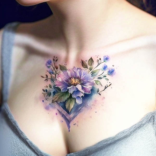 Watercolor flowers chest tattoo for women