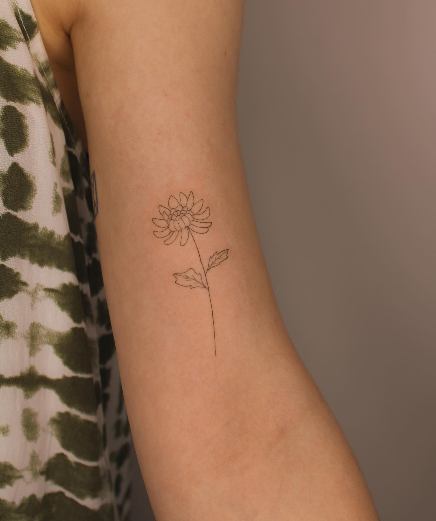 Fine line style chrysanthemum tattooed on the arm